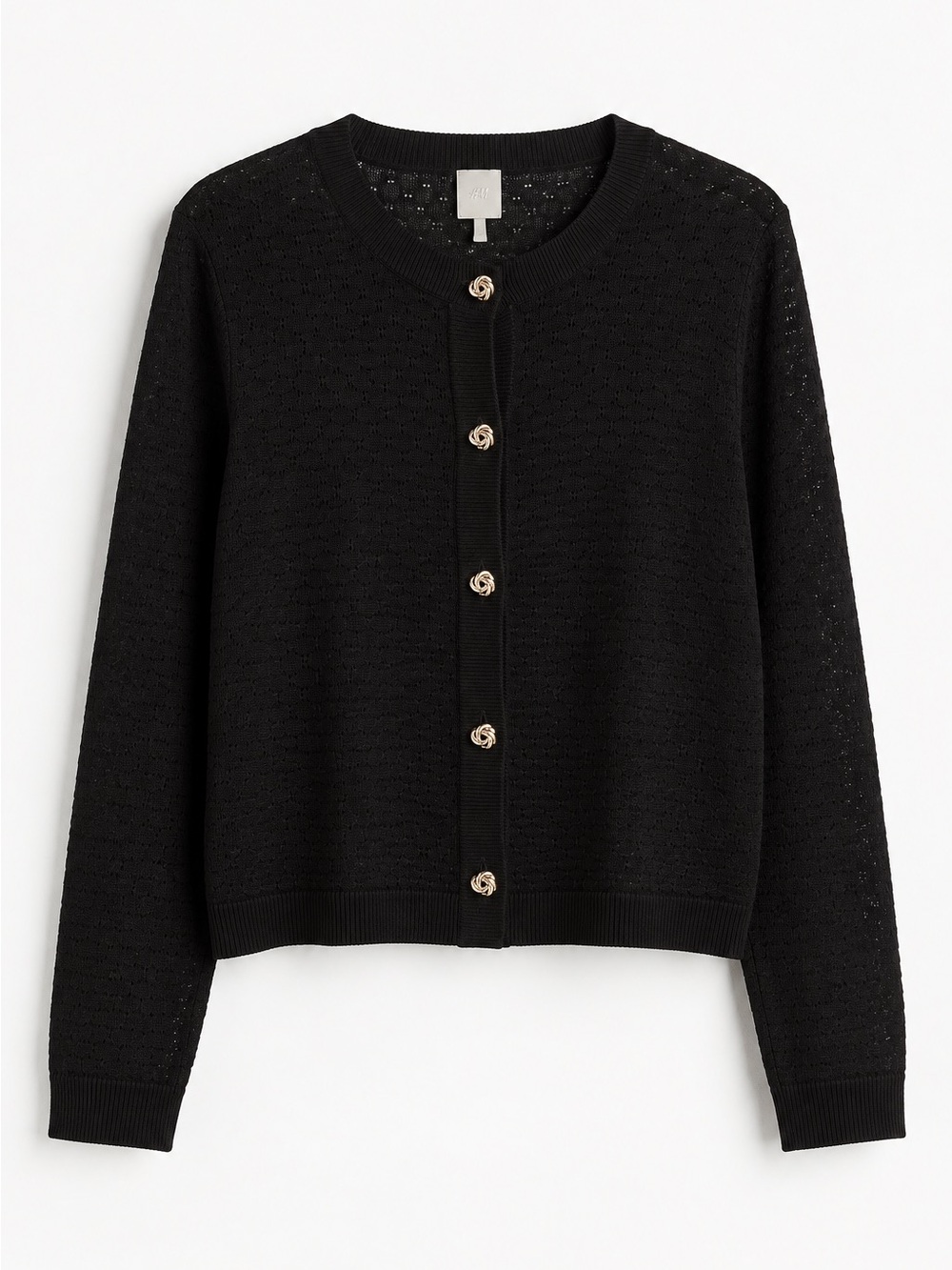 H&M Black Textured Knit Cardigan Gold Knot Buttons XL NWOT